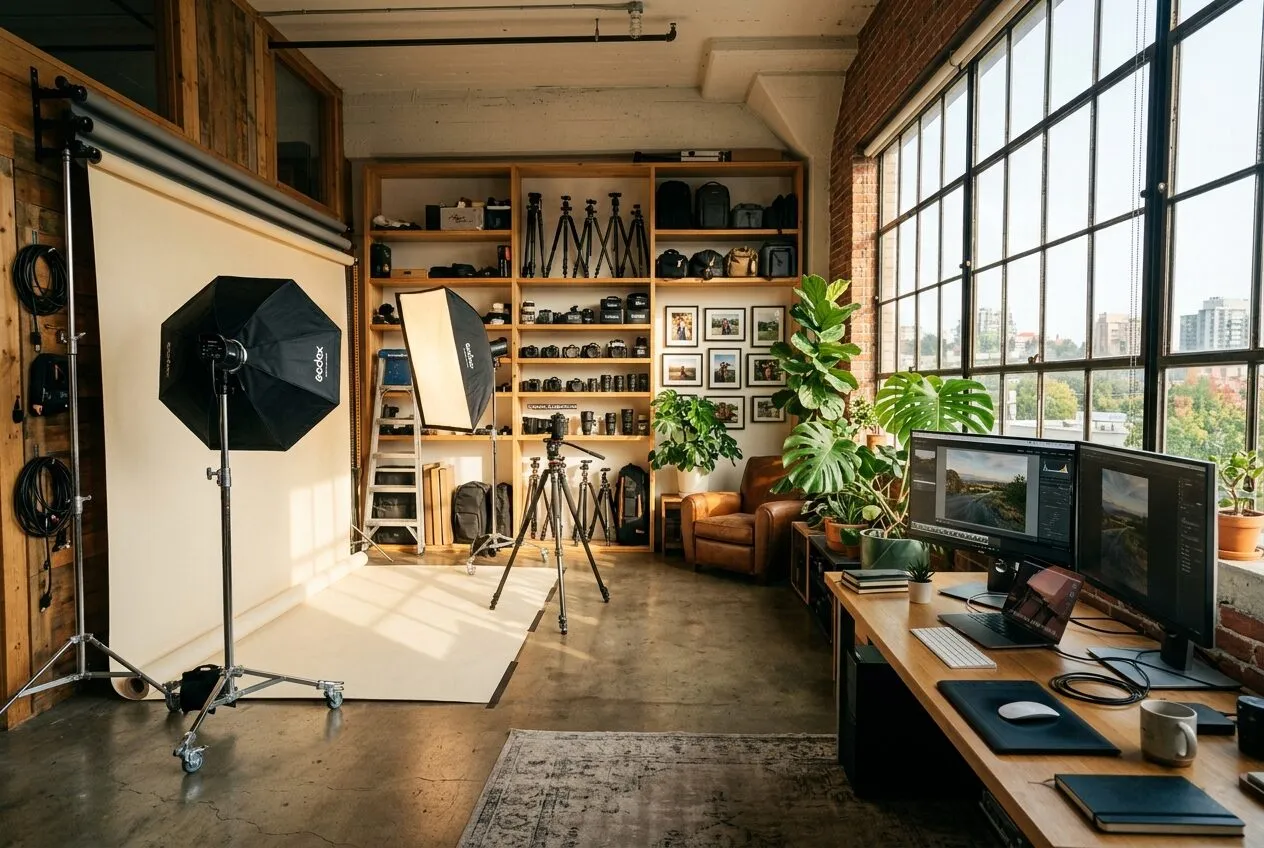 The Click Production studio: seamless backdrop, lighting stands, gear shelves and an edit desk