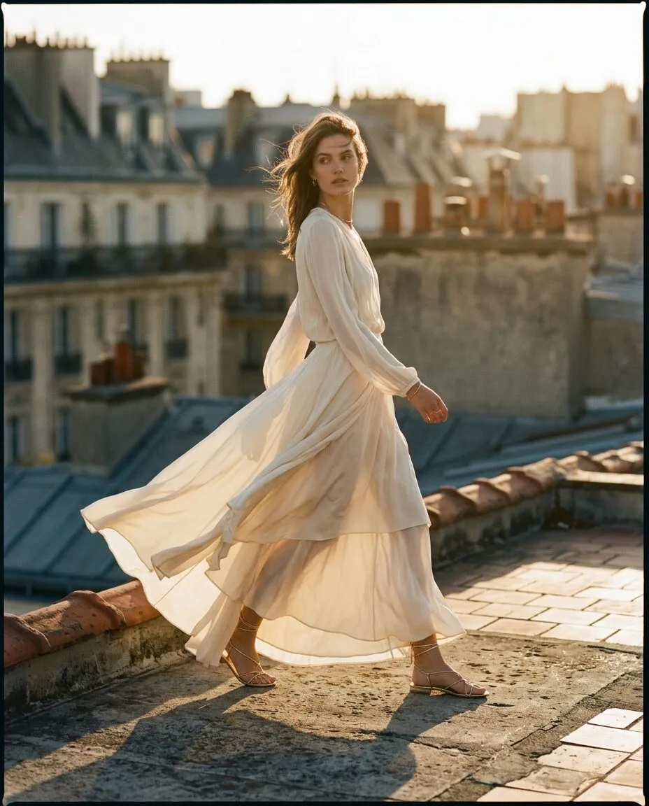 A model in a flowing cream dress at golden hour