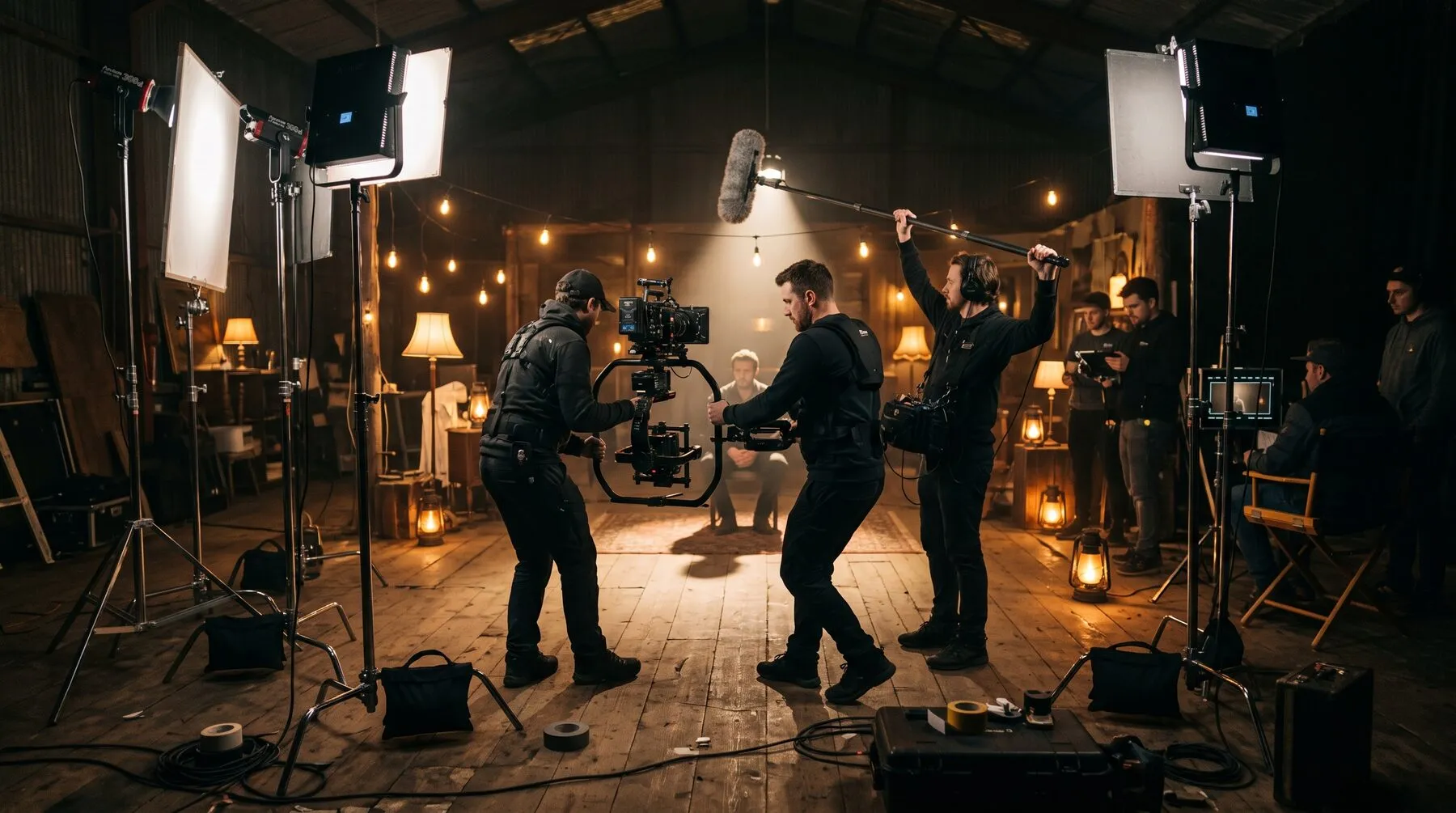 Film crew working with a cinema camera on a warmly lit set