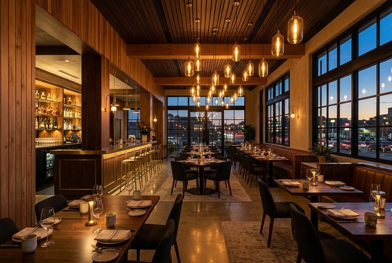 Warm restaurant interior at dusk with brass pendant lighting
