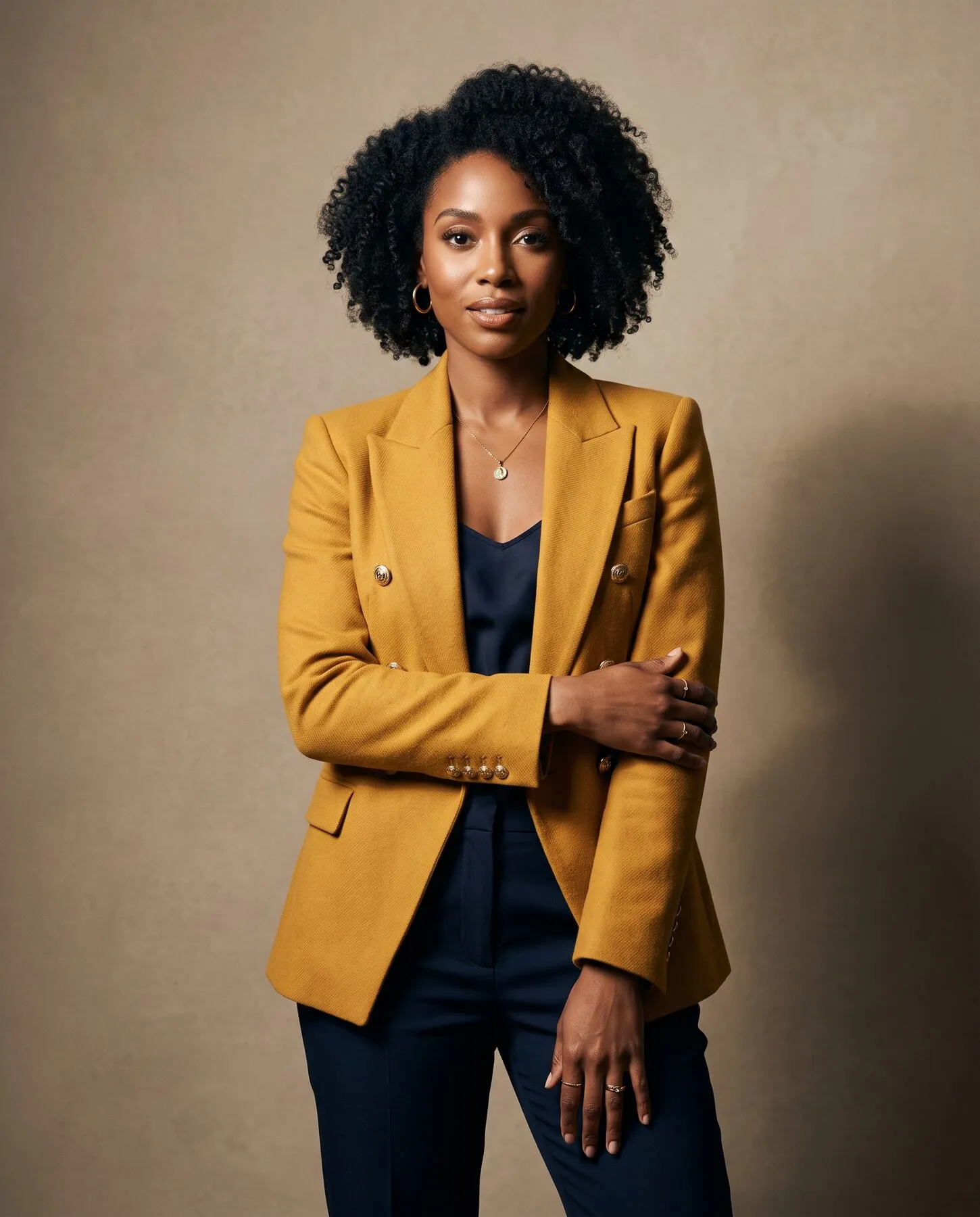 Studio portrait of a woman in a mustard blazer against a warm backdrop