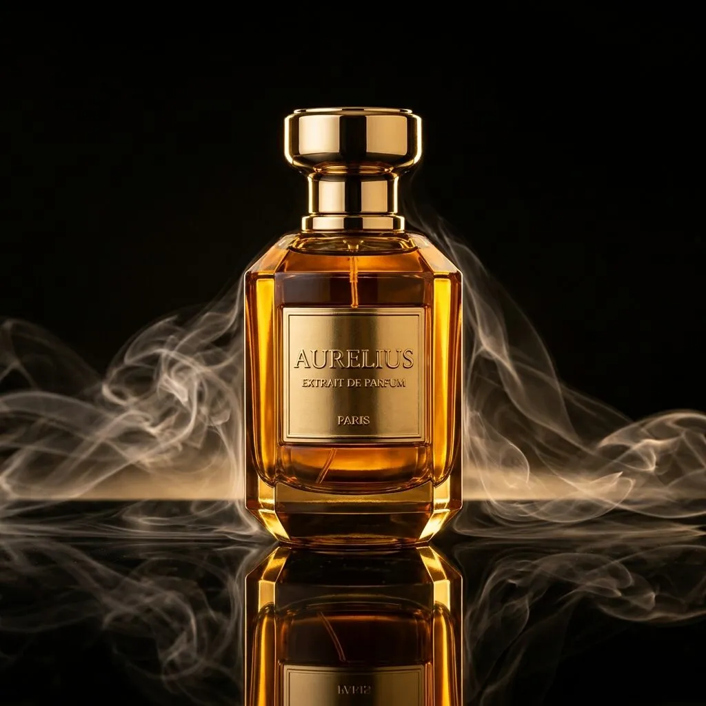 An amber glass perfume bottle lit against a black background with soft smoke