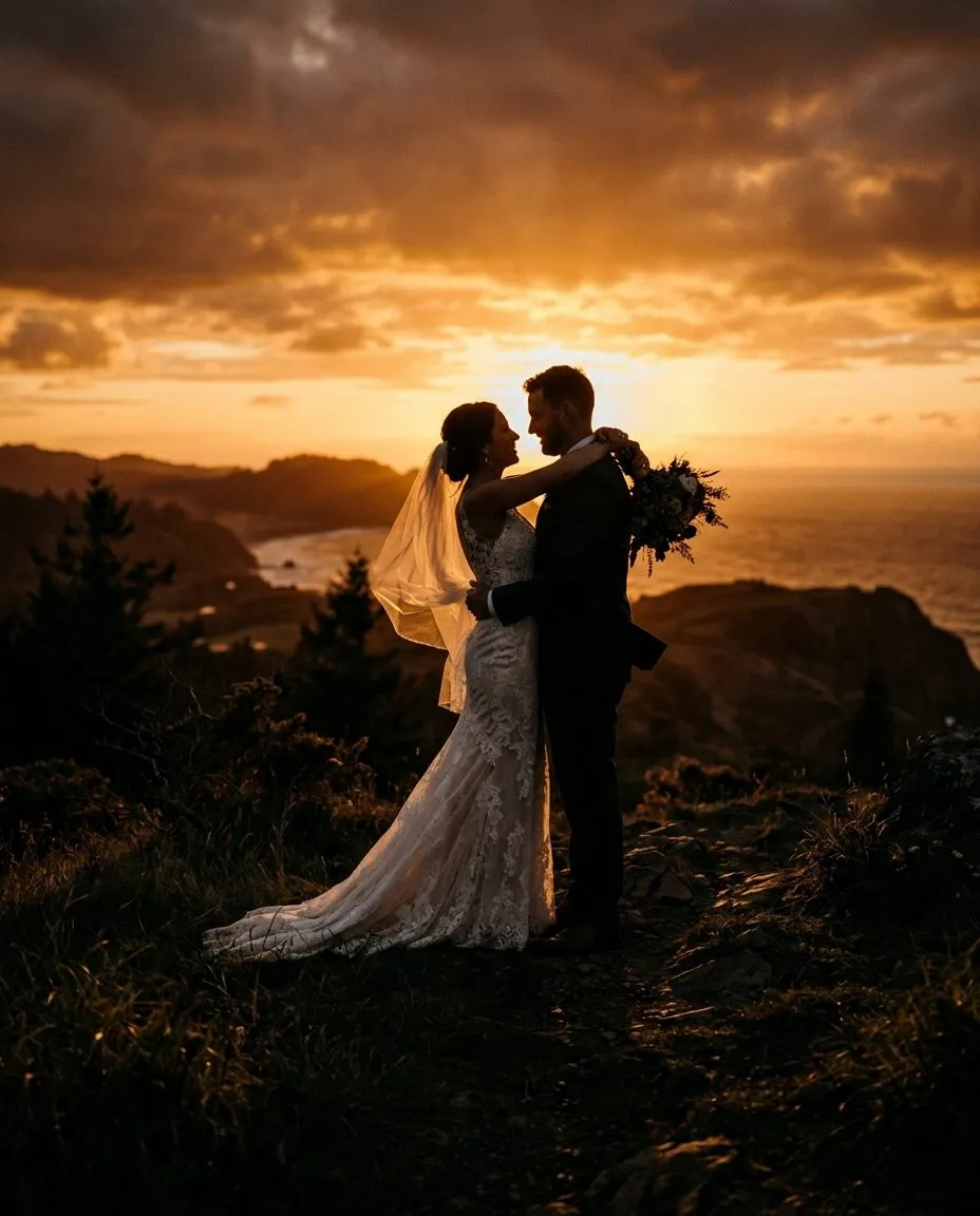 A couple embracing, backlit by an amber sunset sky